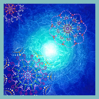 fleurs cosmiques mandala bleu turquoise univers oeil