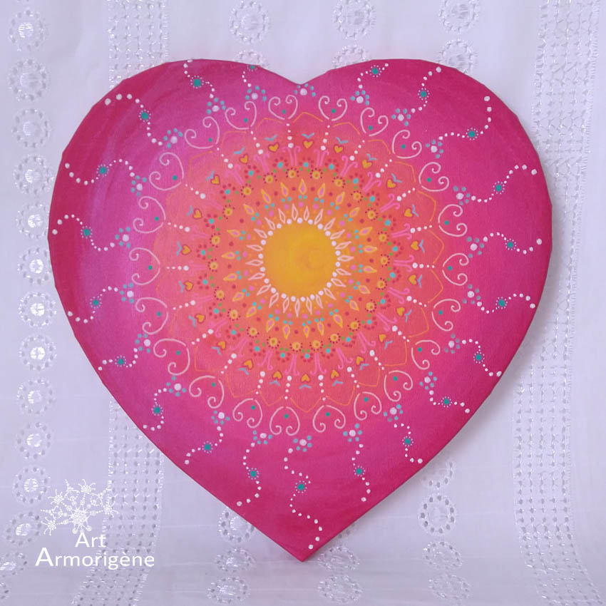peinture vibratoire tableau mandala coeur cosmique magie jaune rose